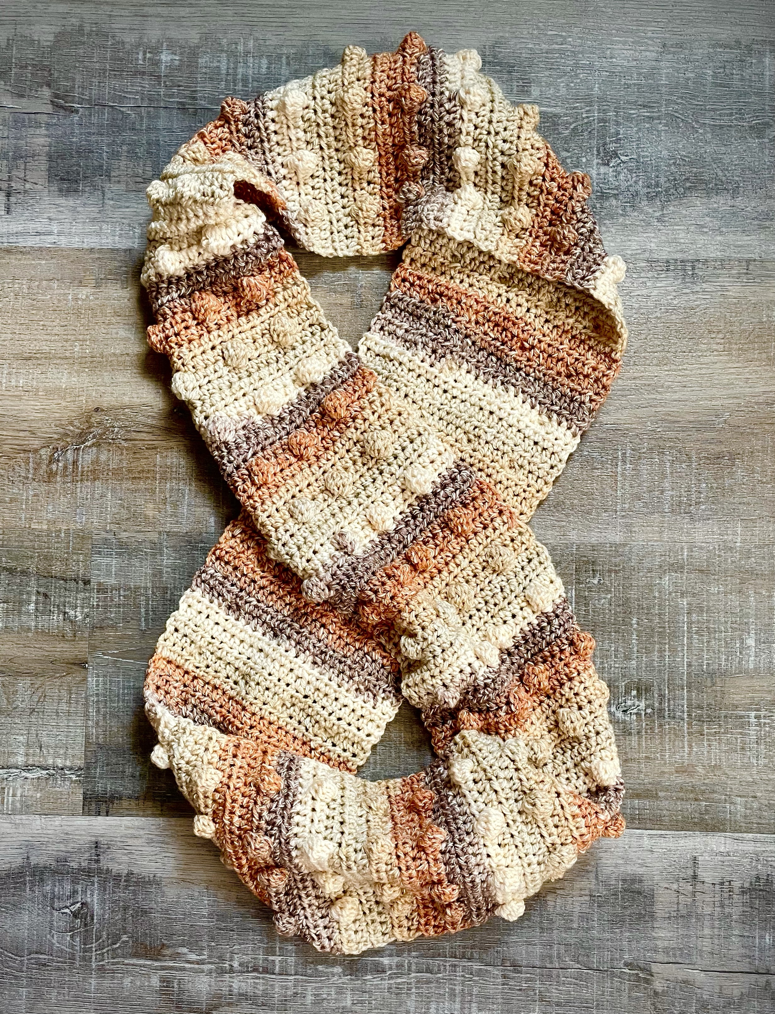 Vintage beige bobbly scarf made from crocheted cotton.